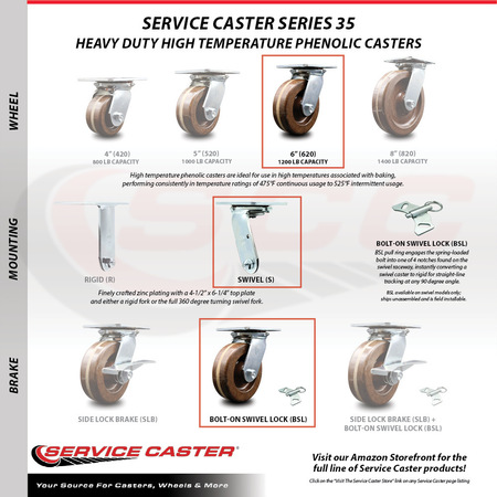 Service Caster 6 Inch High Temp Phenolic Caster Set with Roller Bearing 2 Swivel Lock 2 Rigid SCC-35S620-PHRHT-BSL-2-R-2